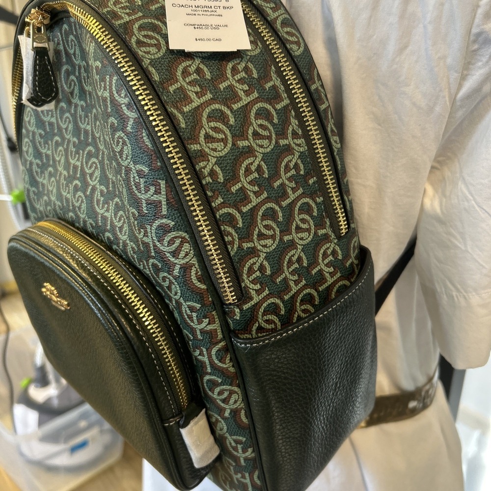 NWT Coach Court Backpack With Coach Monogram Print CF344 Black / Green - Picture 4 of 12